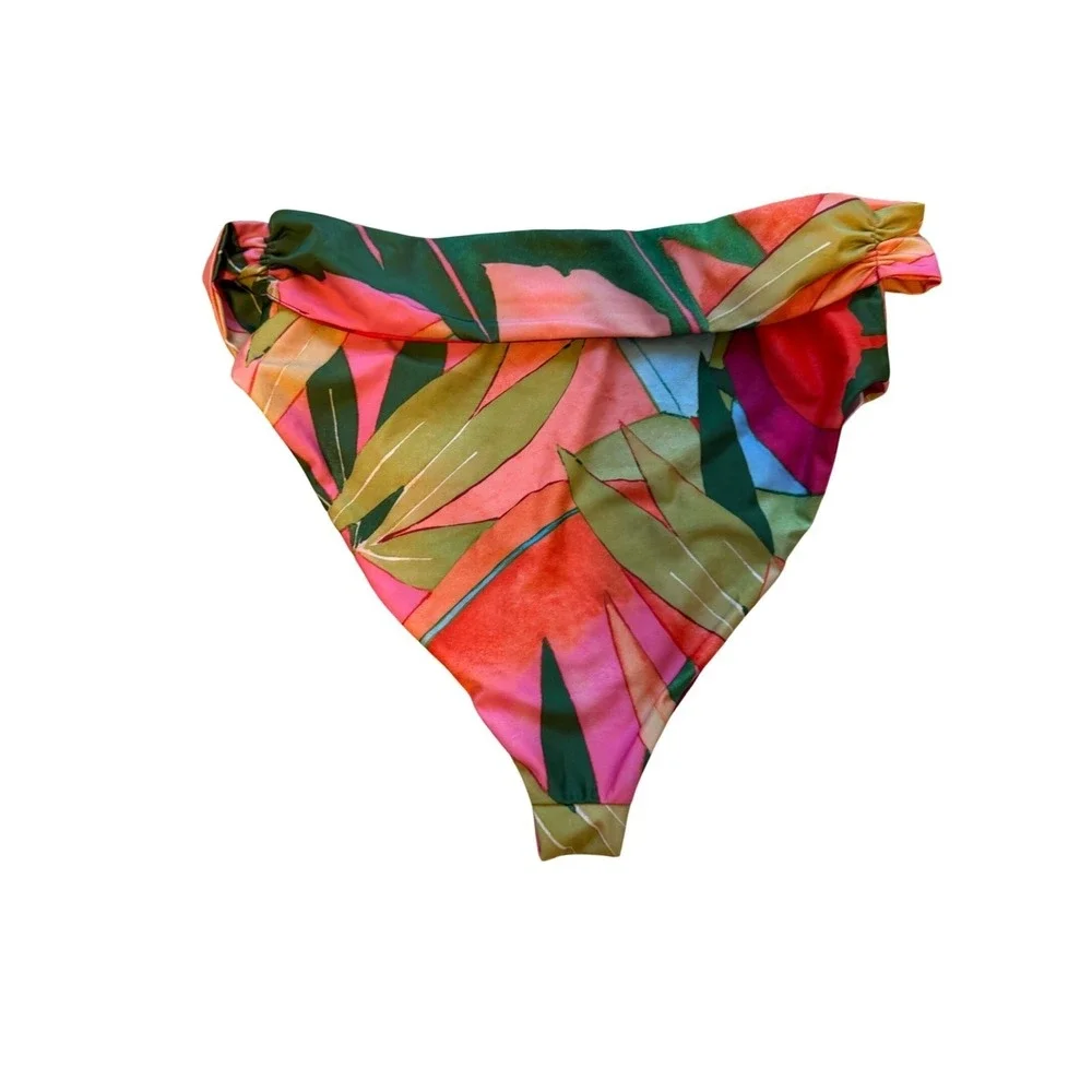 Mara Hoffman Goldie High Waisted Bikini Bottom Pink Multi Tropical Leaf XL NWT